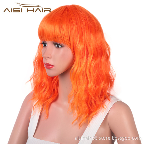 Aisi Hair Wholesale Top Quality Orange Short Bob Wig With Neat Bangs Synthetic Short Curly Wave Wigs For Black Women